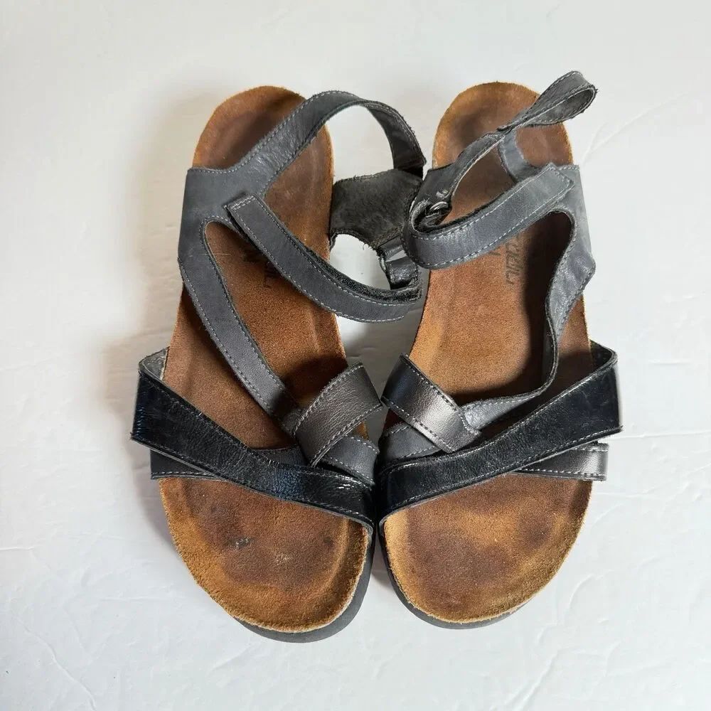Naot Black Leather Patent Comfort Sandals Hook Loop Cork Footbed Womens 38